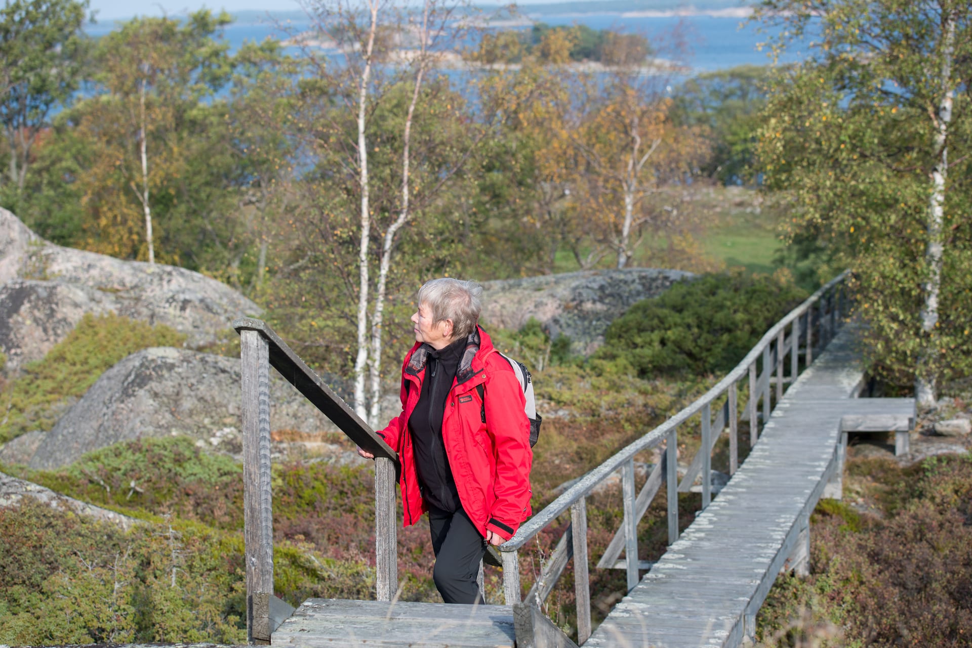 Nainen seisoo puisella riippusillalla ja katsoo maisemaa. Ympärillä kalliota ja puustoa. Kauempana siintää meri. A woman stands on a wooden suspension bridge and looks at the landscape. Rocks and trees all around. In the distance is the sea.