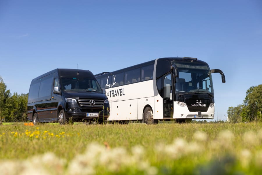 Saaga Travel fleet ranges from sedans and minibuses to large tourist buses.