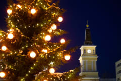 Oulu Cathedral tower during christmas time.