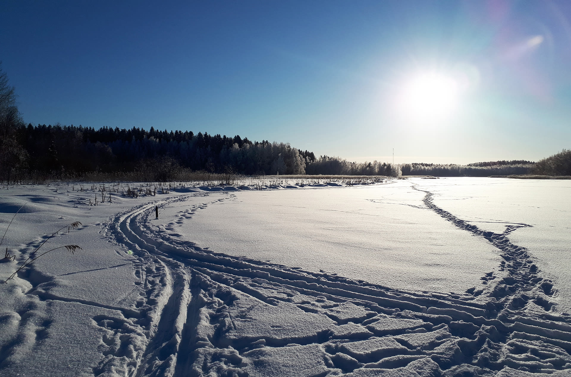 Talvinen maisemakuva Vallonjärven lintutornilta kohti järveä.