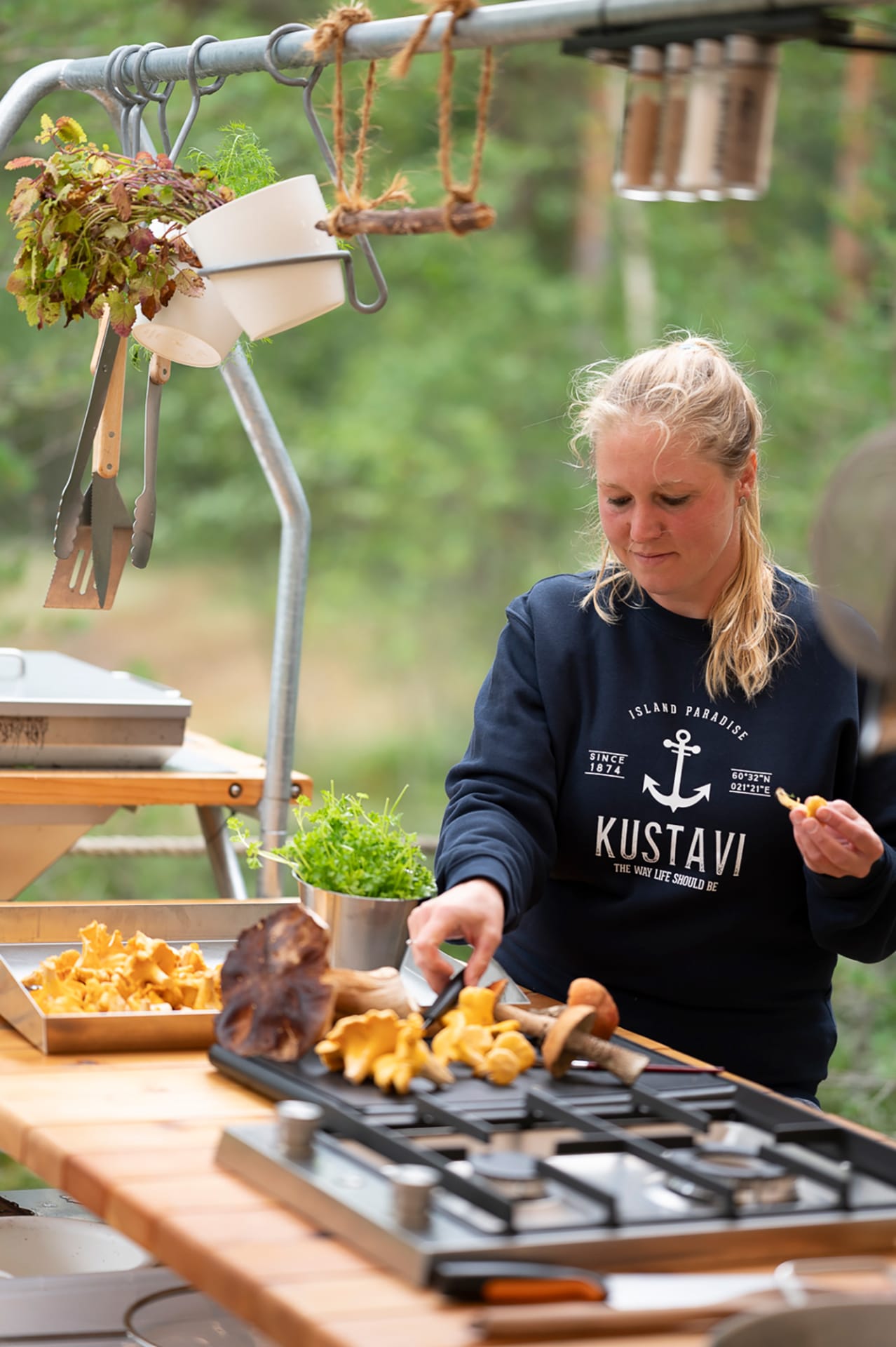 Outdoor activities at the lodge in the forest kitchen. Outdoor activities at the lodge in the forest kitchen.