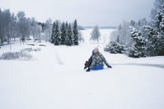 Talvimaisema, kaksi lasta laskee pulkalla mäkeä.