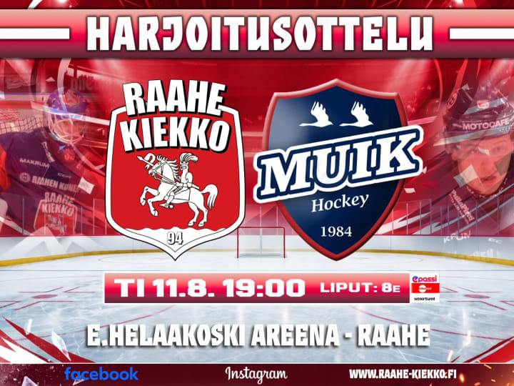 ottelumainos raahe-kiekko vs muik hockey. molempien joukkueiden logot punaisella taustalla.