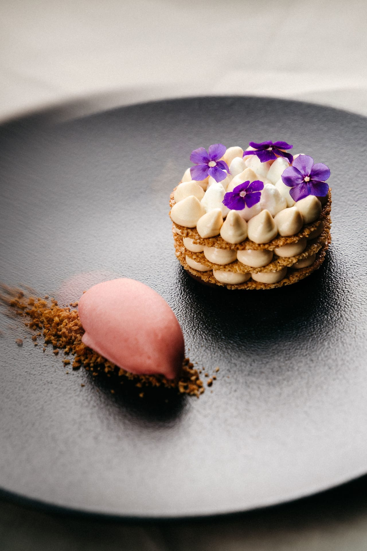 Stella Nova restaurant's dessert with chocolate, caramel mousse, vanilla cream, brown sugar cookies and raspberry sorbet.
