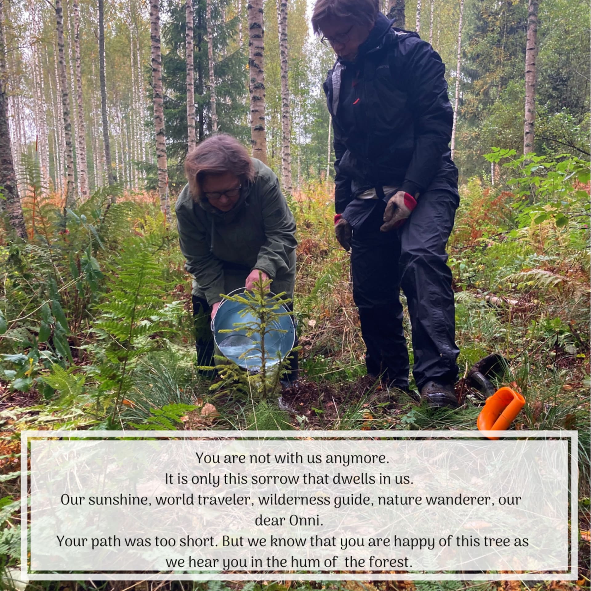 A picture of a mother and aunt who planted a tree of love in memory of a young man who passed away in an accident