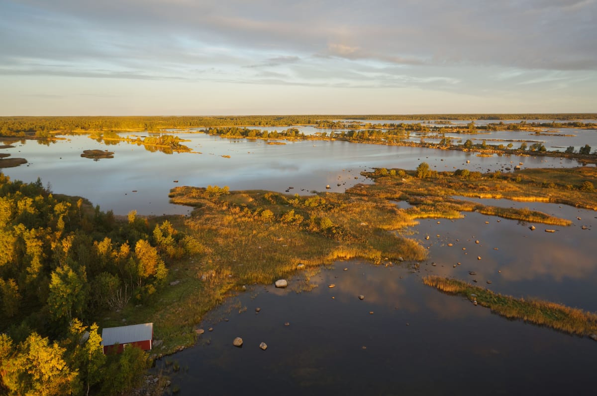 Kesäinen ilta-auringon valaisema saaristomaisema Merenkurkun maailmanperintöalueella. Etualalla puinen kalamaja. Kuva: Pekka Lehtonen.