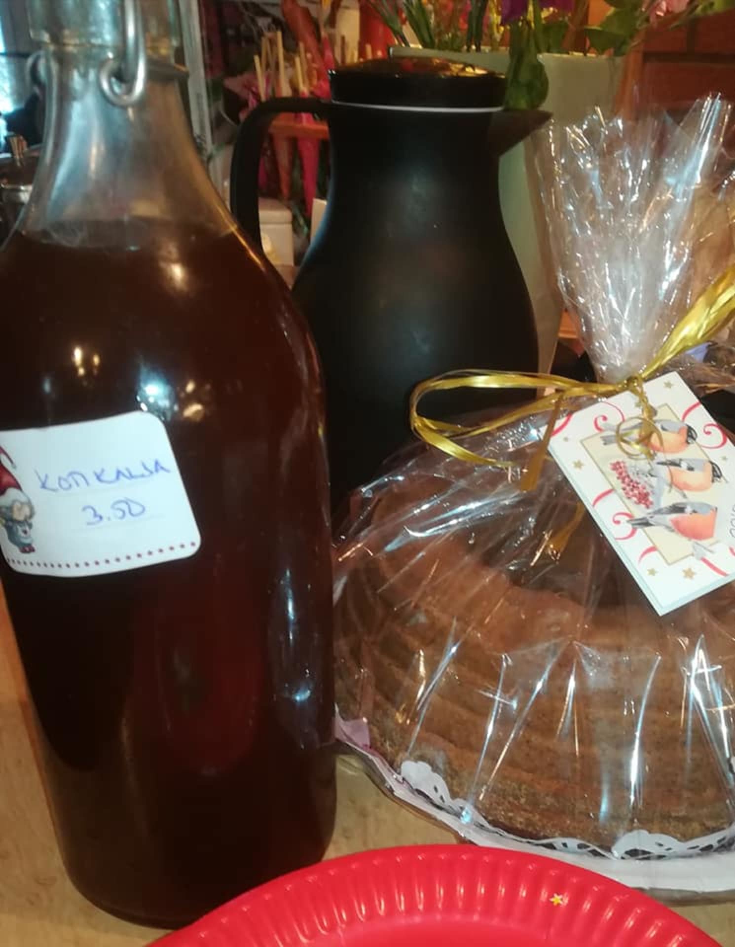 Home-made beer and cakes.