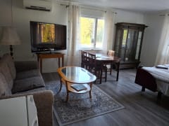 Sviitissä on parisängyn lisäksi pöytäryhmä neljälle, sohva, sohvapöytä sekä jääkaappi.