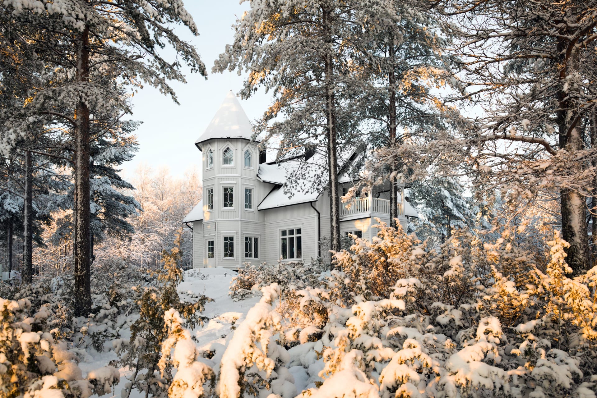 Villa Cone Beach stands in snowy privacy among pine trees and junipers, surrounded by daytime wilderness.