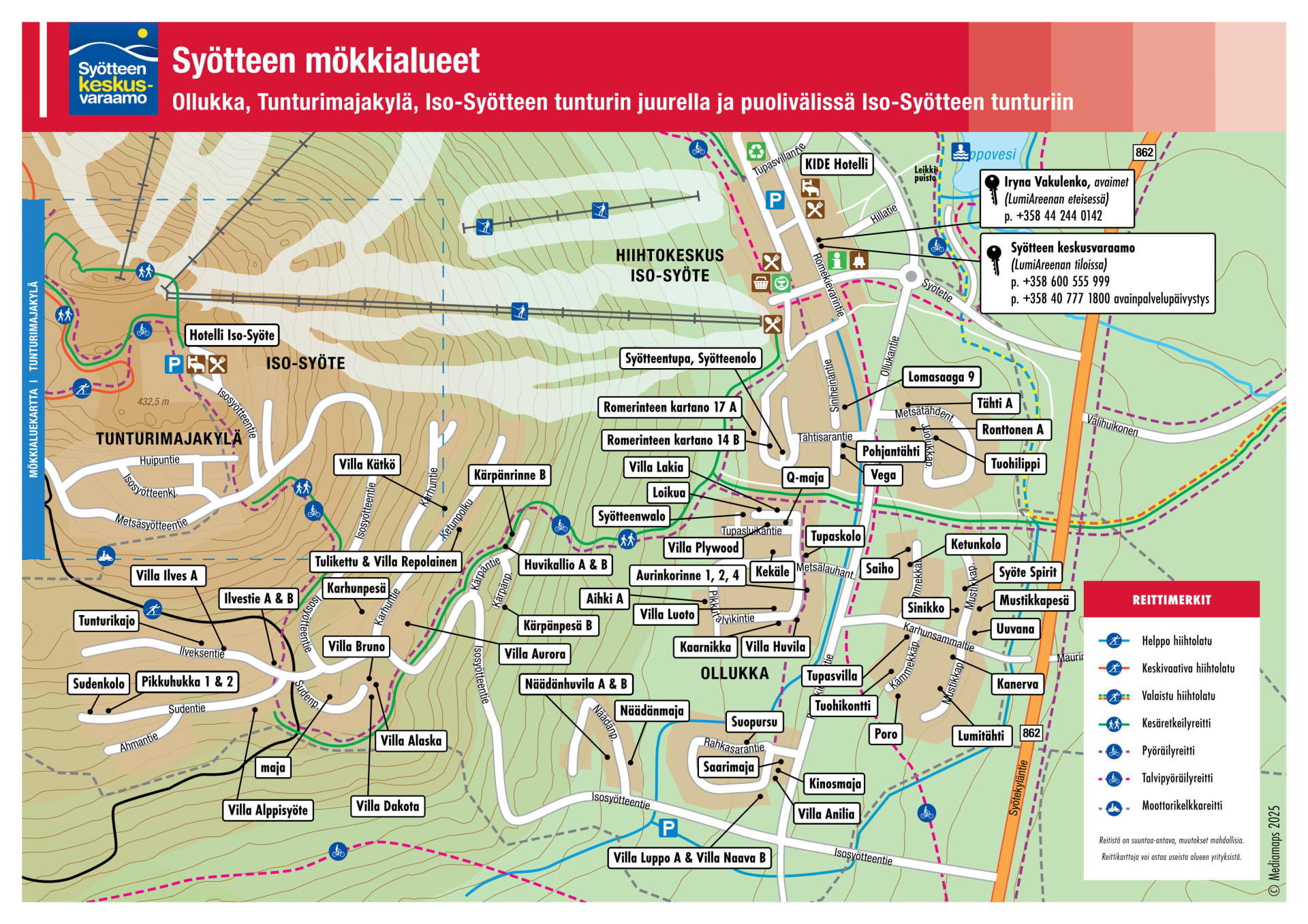 Syötteen keskusvaraamon majoituskohteiden sijainti näkyy Ollukan mökkialuekartalla
