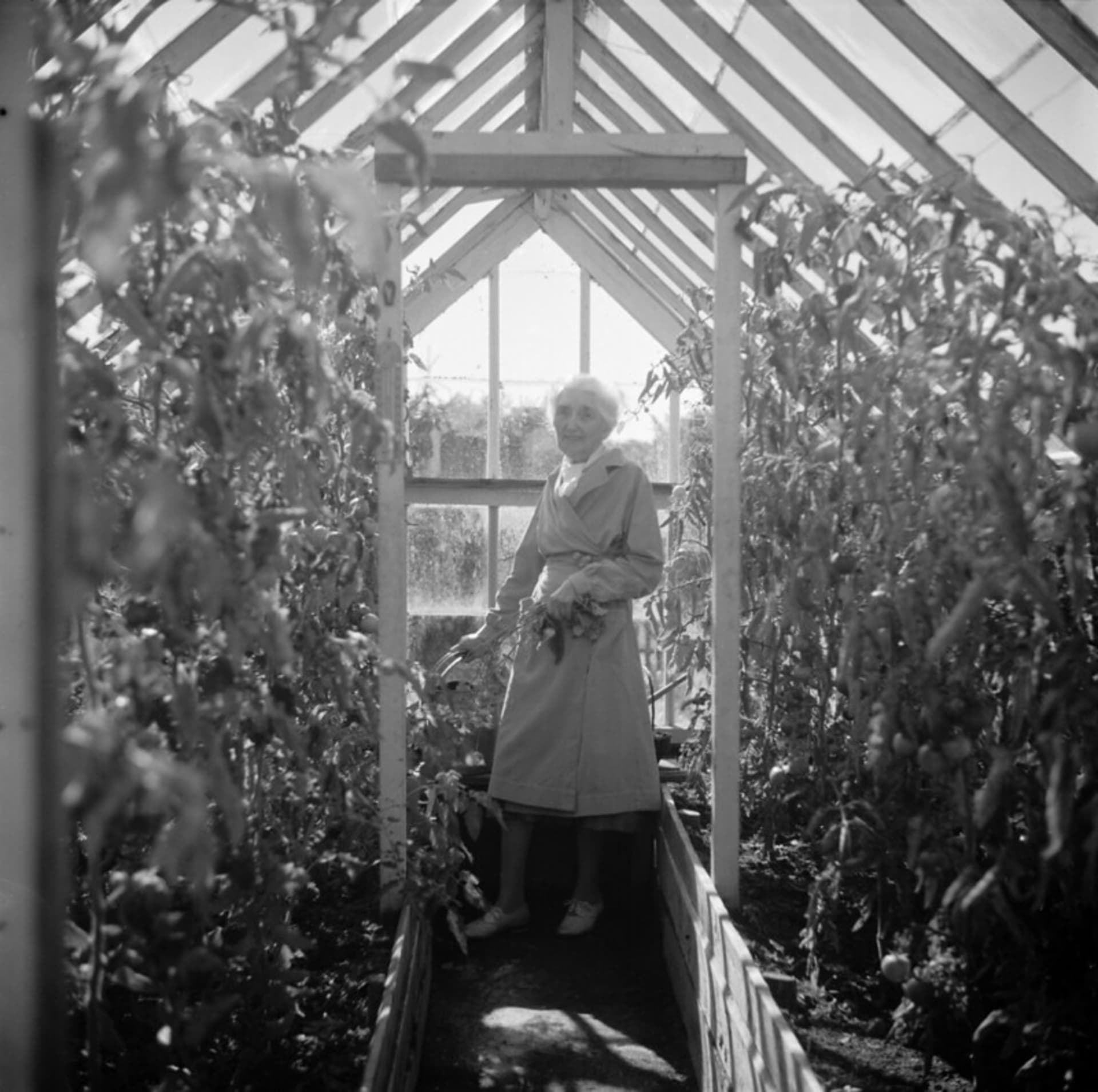 Aino Sibelius standing in her greenhouse in Ainola garden.