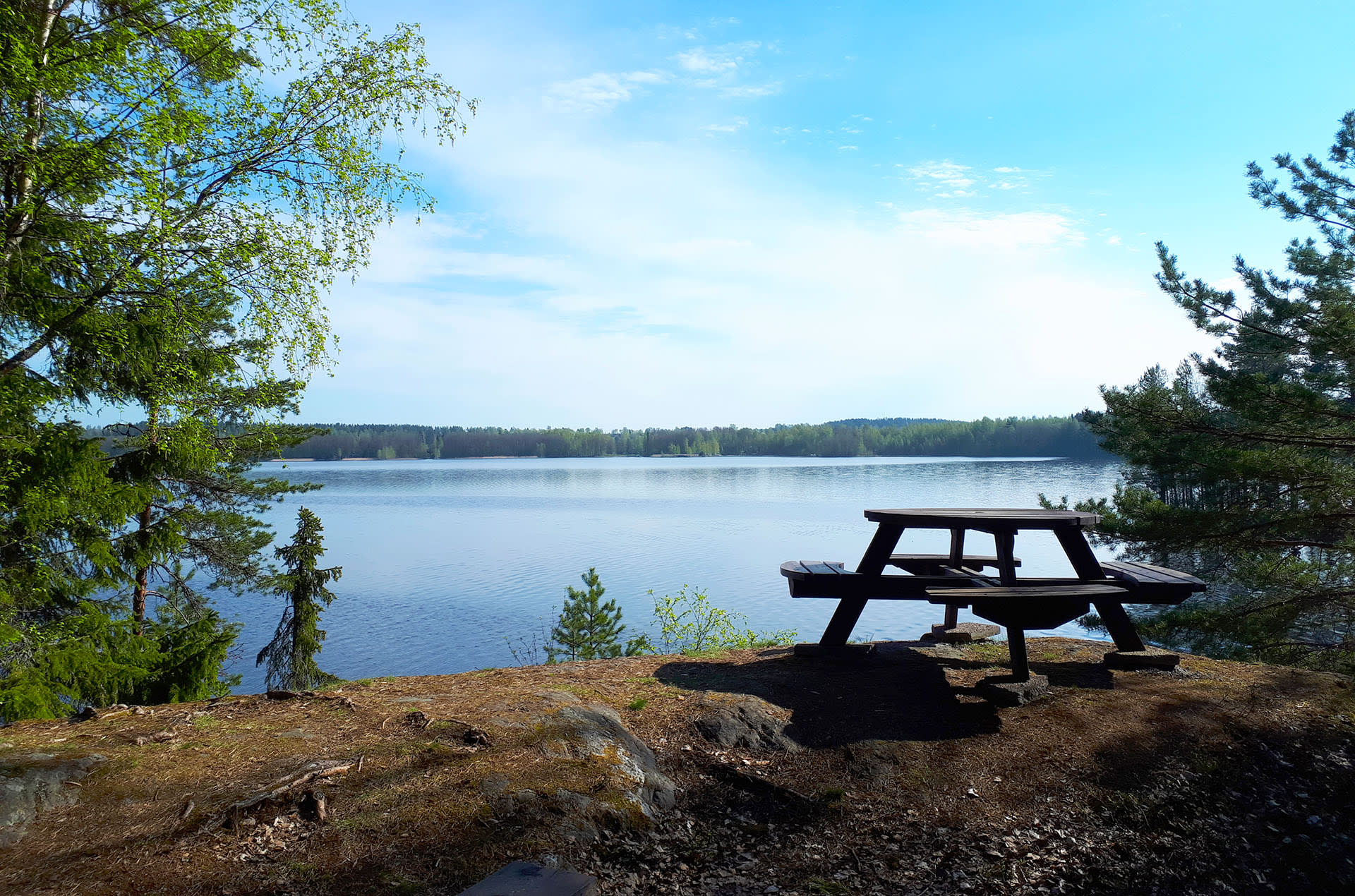 Pappilanniemen luontopolun näköalapaikka järvelle kesällä.