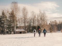 Kolme patikoijaa talvimaisemassa/ Three hikers in the winter landscape