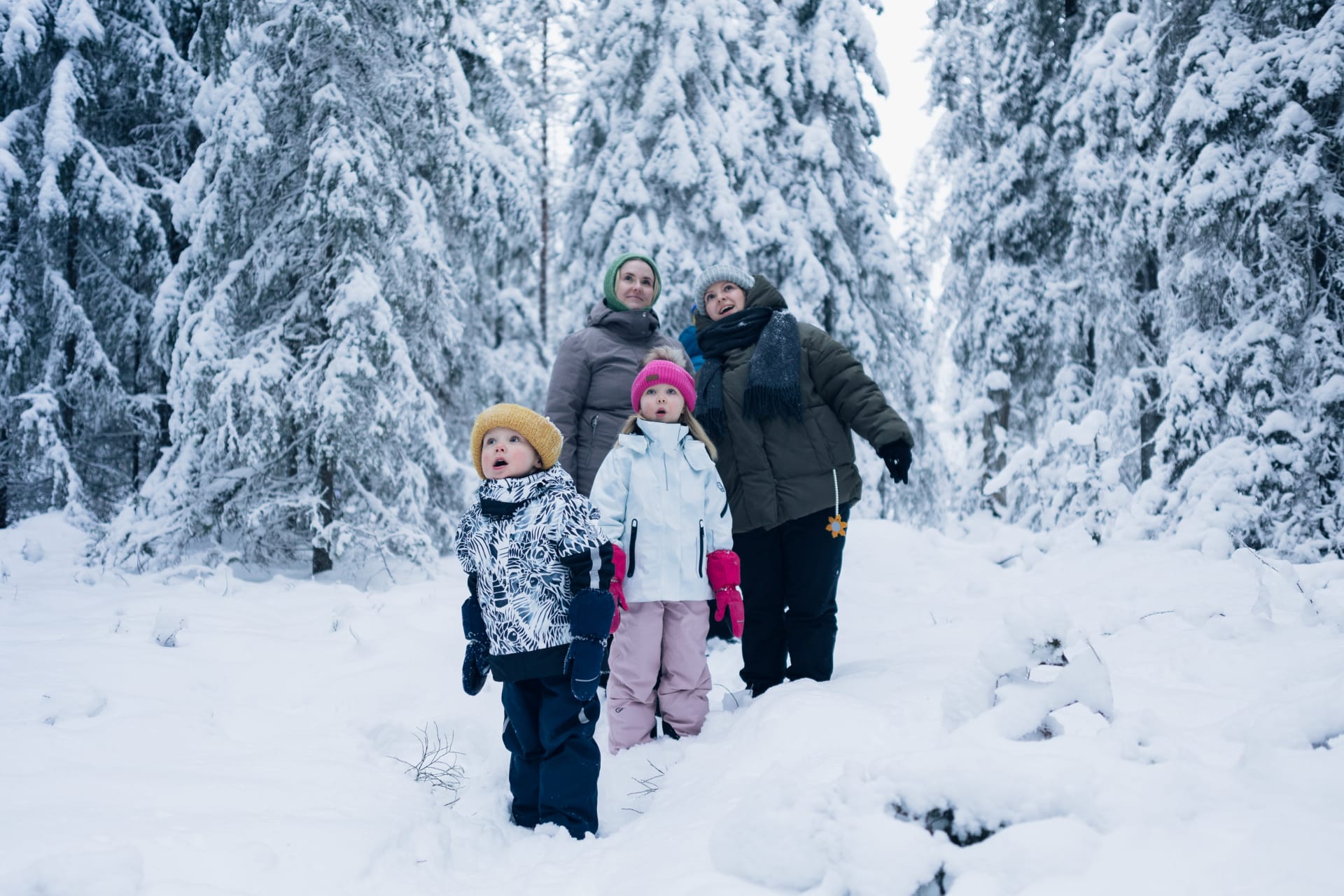 Ihmisiä lumisessa metsässä. Edessä kaksi lasta ja taustalla kaksi aikuista.