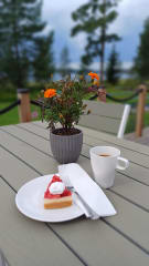 Kahvila Portinpielen terassilla nautit ruuat ja juomat järvimaisemassa