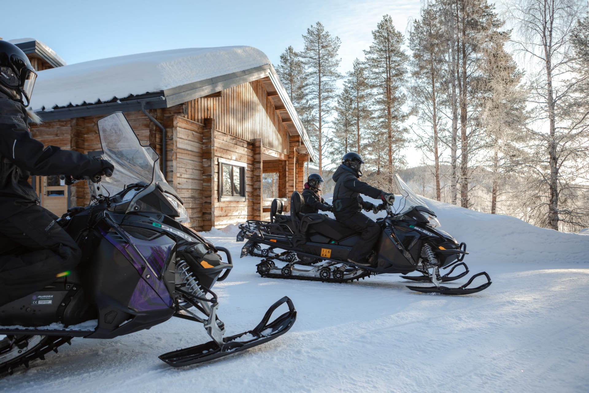 Beginning of an Electric Snowmobile Arctic Nature Safari at Pyhä-Luosto, Lapland, Finland