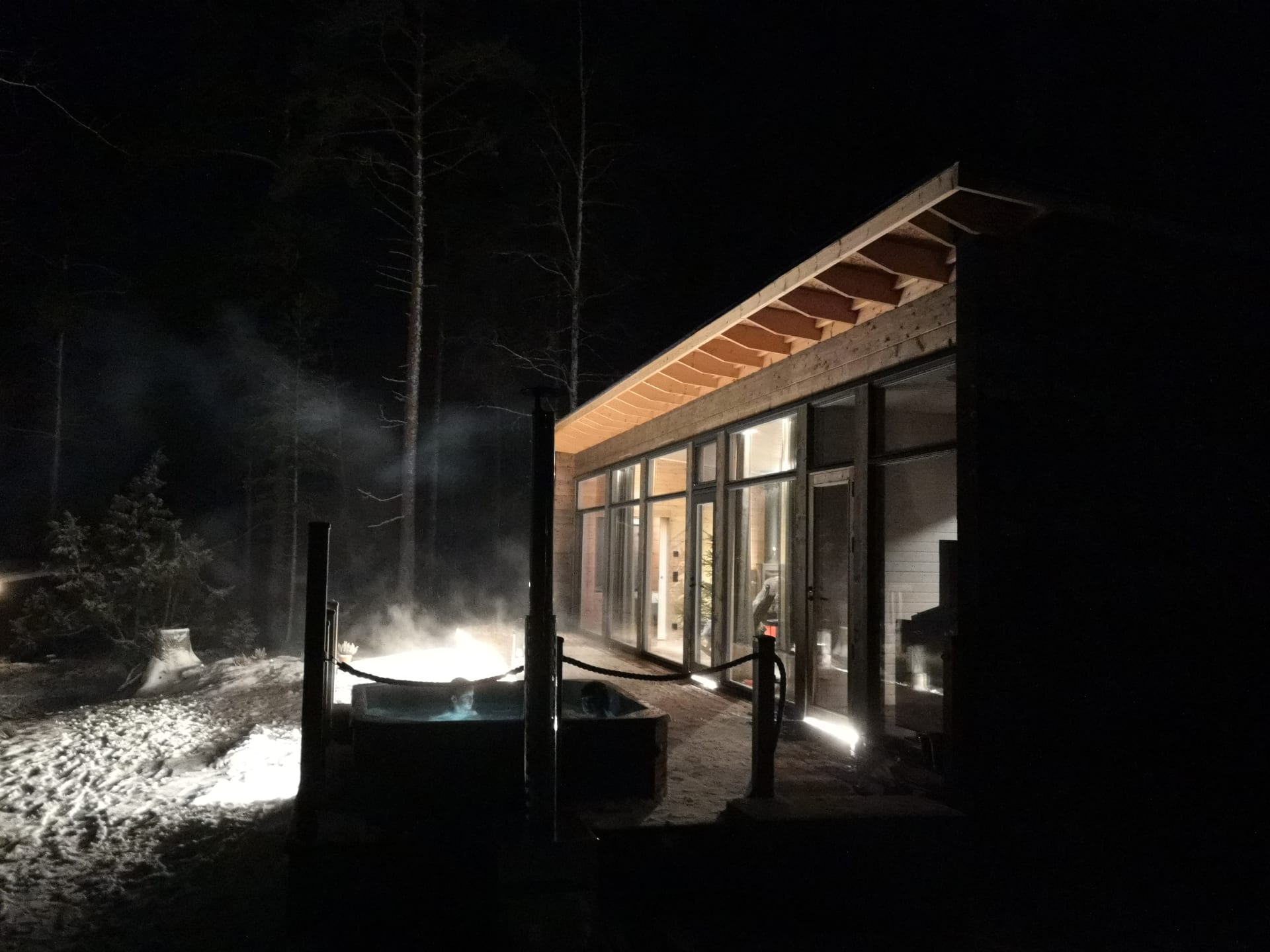 Winter view to the terrace and hot tub
