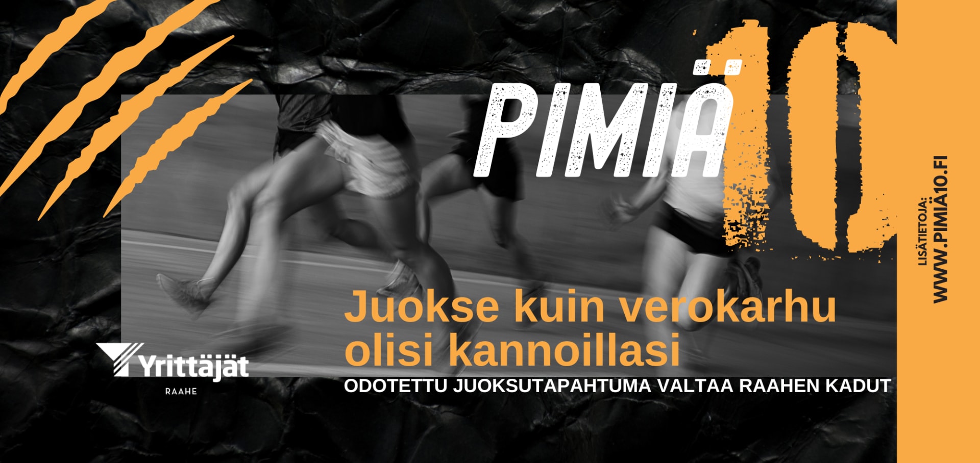 Pimiä 10 juoksutapahtuman mainos. Juoksevia hahmoja.