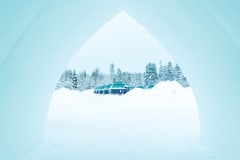 View on the glass igloos from the SnowHotel entrance