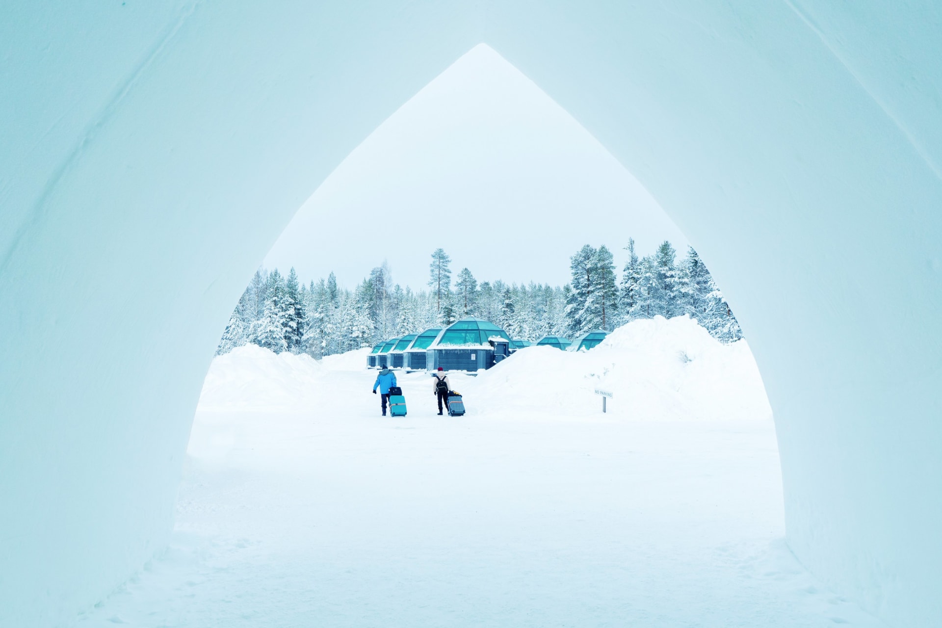 View on the glass igloos from the SnowHotel entrance