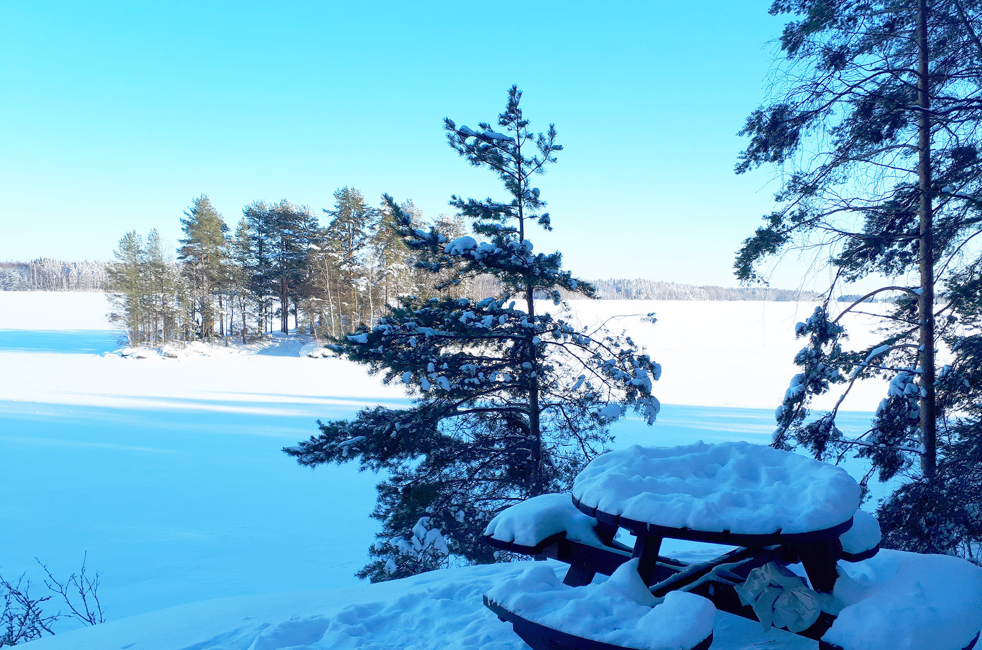 Pappilanniemen luontopolun näköalapaikka järvelle talvella
