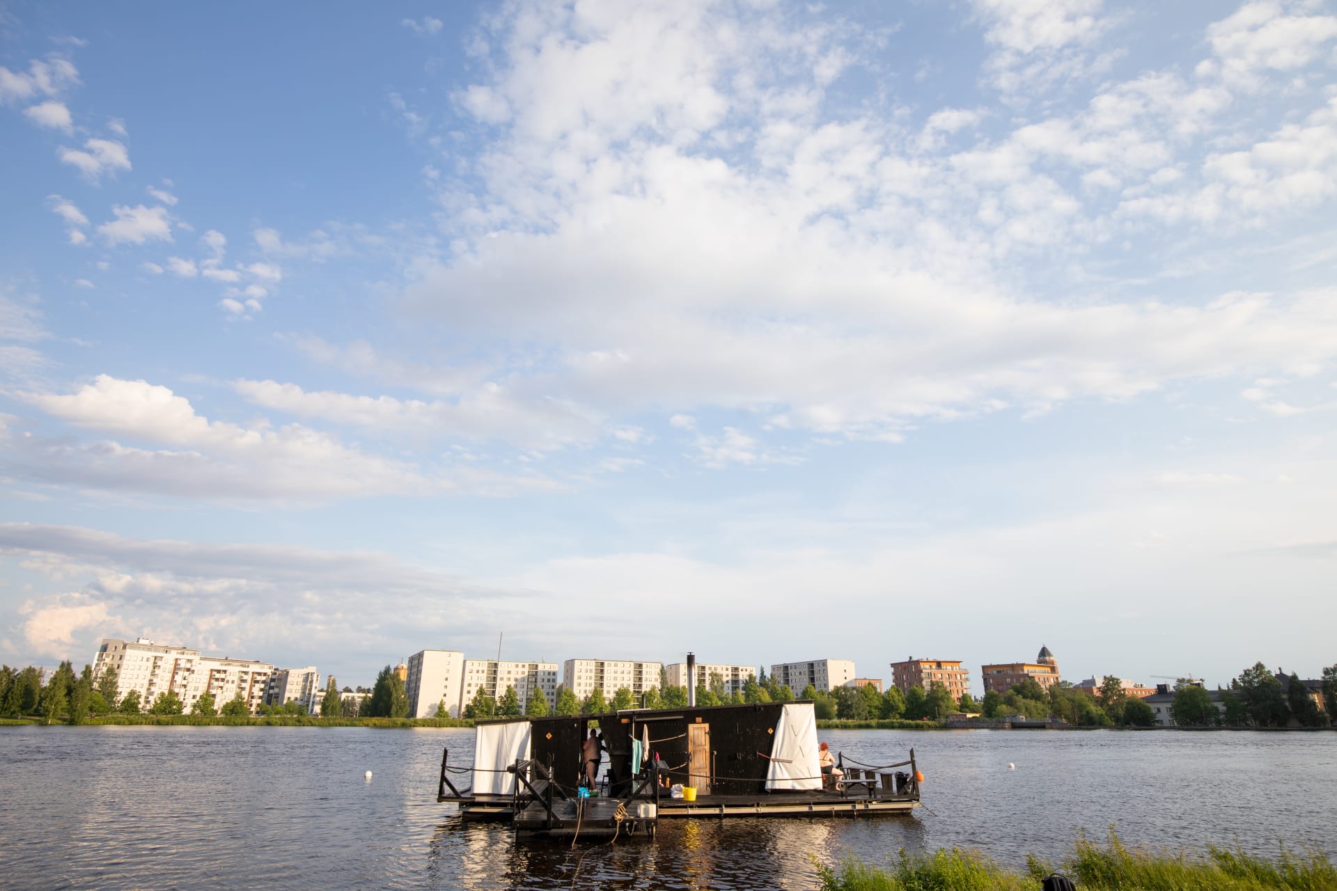 Floating sauna raft on the Oulujoki river.