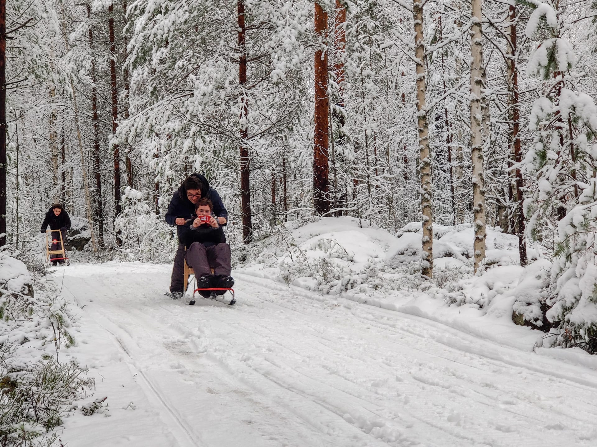 Joyfull slide with the kicksled on Boxing Day.