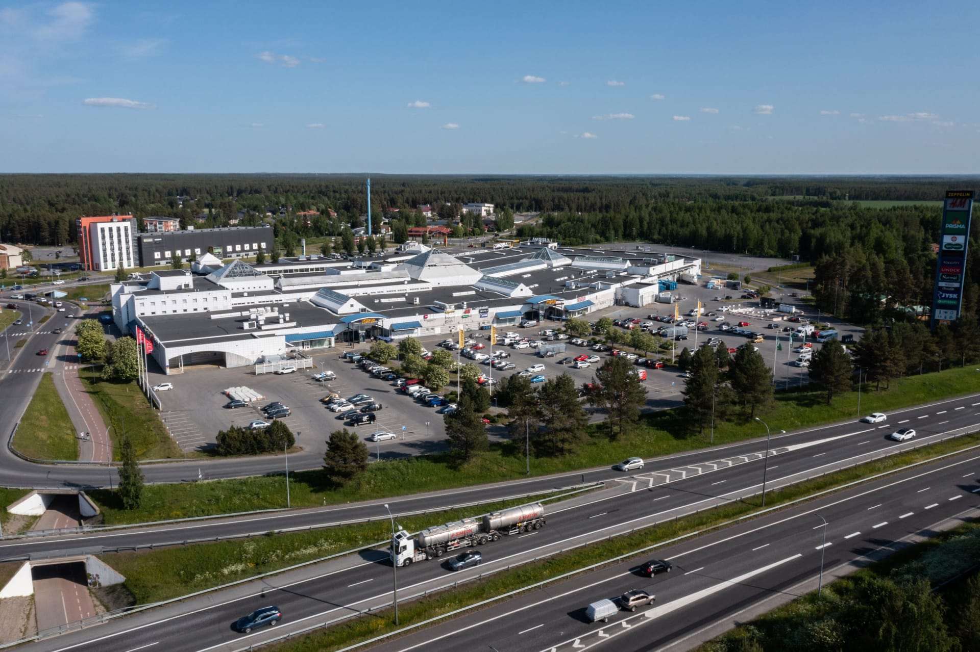 Shopping center Zeppelin from western side and aerial perspective, on bright sunny day.