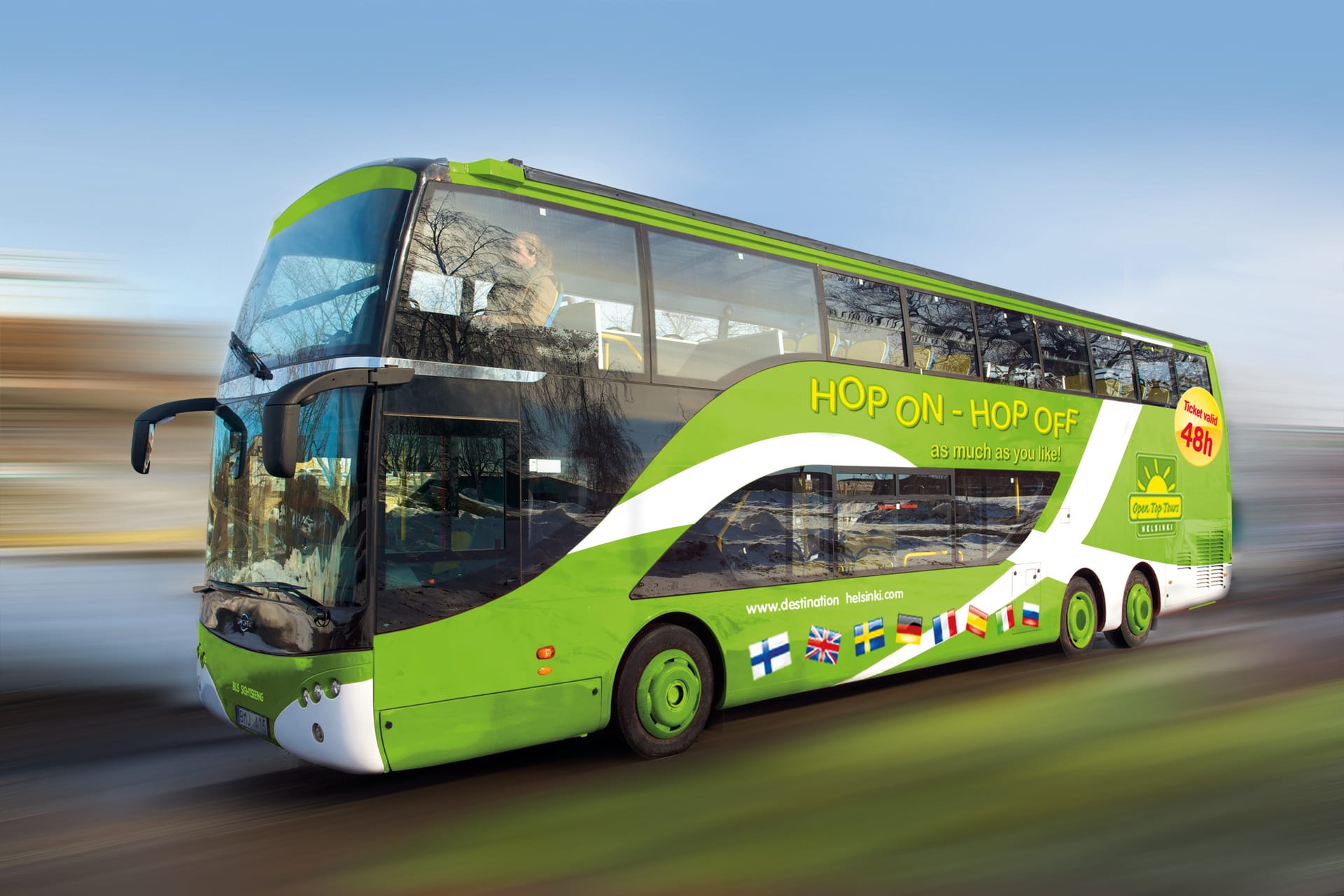 Green double decker bus