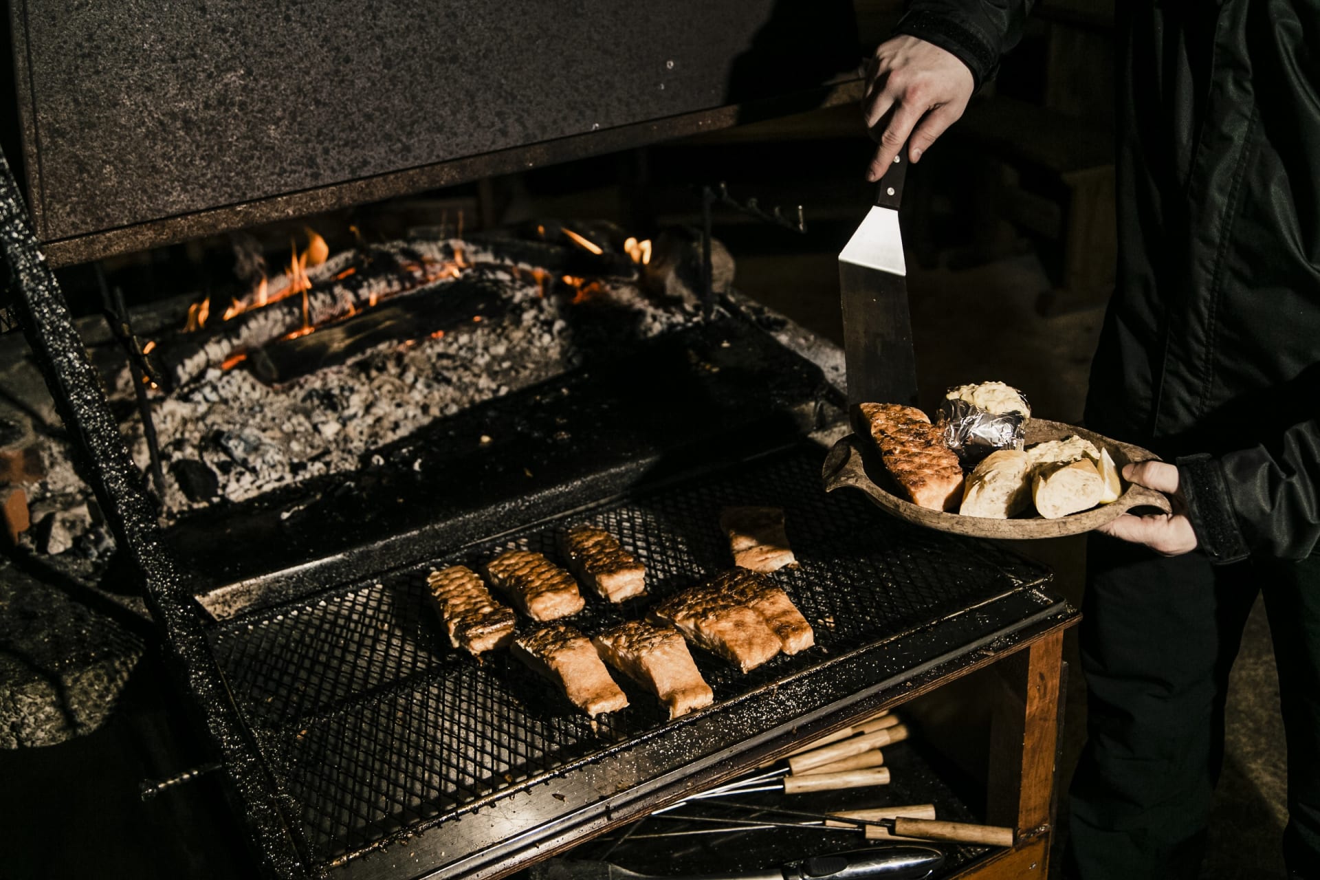 Salmon glow-fried by the open fire at the Kota Restaurant.