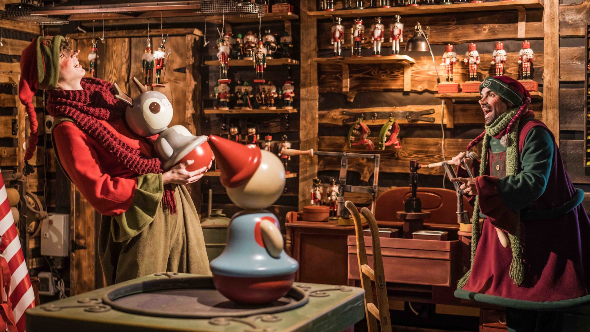 Elves playing in Santa Claus Secret Forest toy Factory