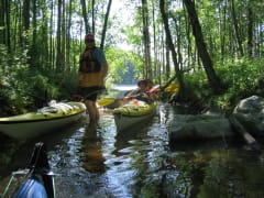 A man is standing in very shallow water and two women are sitting in a double kayak next to him in Kolovesi National Park on Lake Saimaa