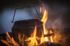 Pot on an open fire in pancake trip