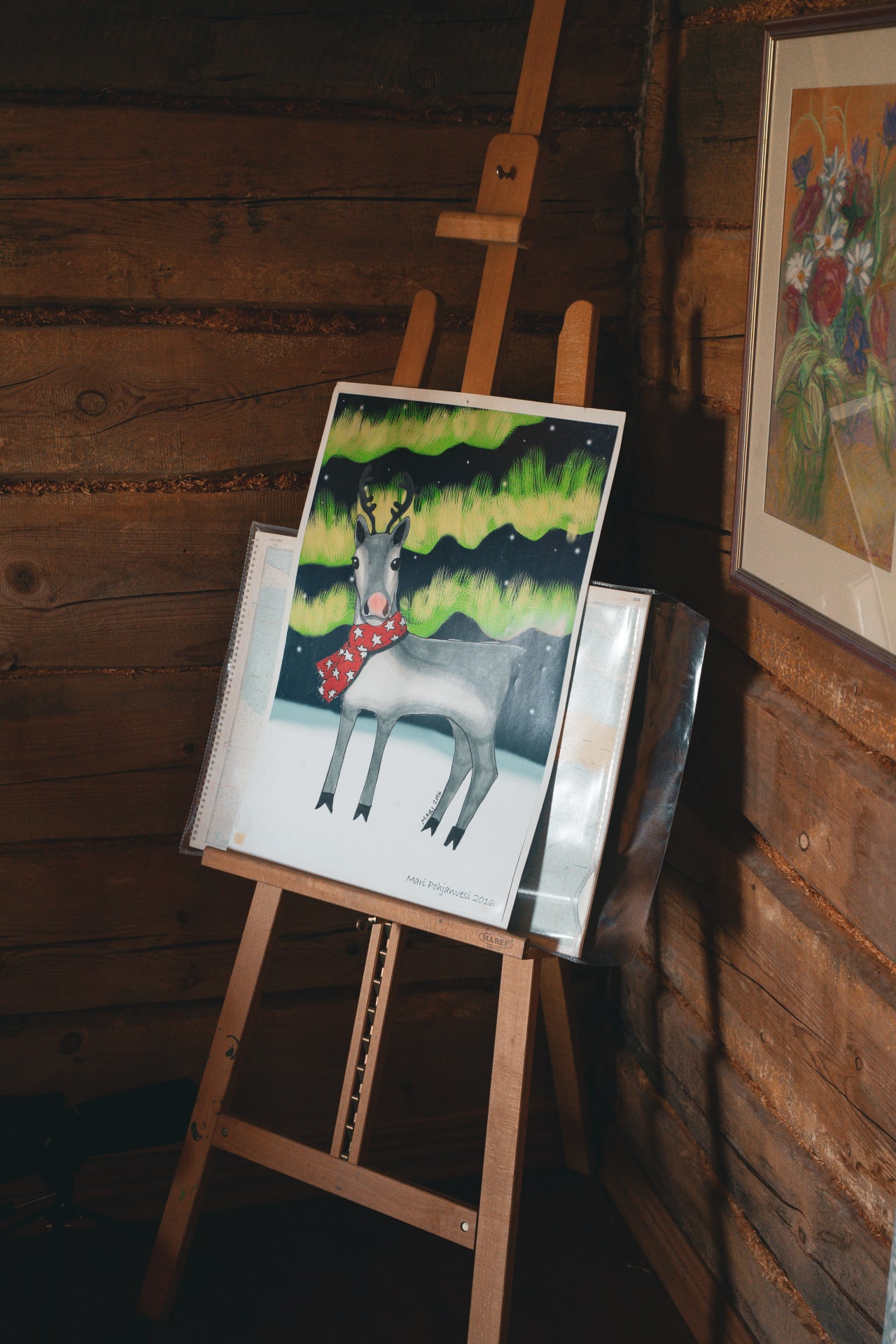 Mari Pohjanvesi illustration of a reindeer at the house of Mrs Santa Claus Finland in Hailuoto island