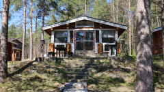 The log cabin with sleeping shed is located on the shore of the pond. Log cabins accommodation is for four people. Accommodation in two separate cabins.