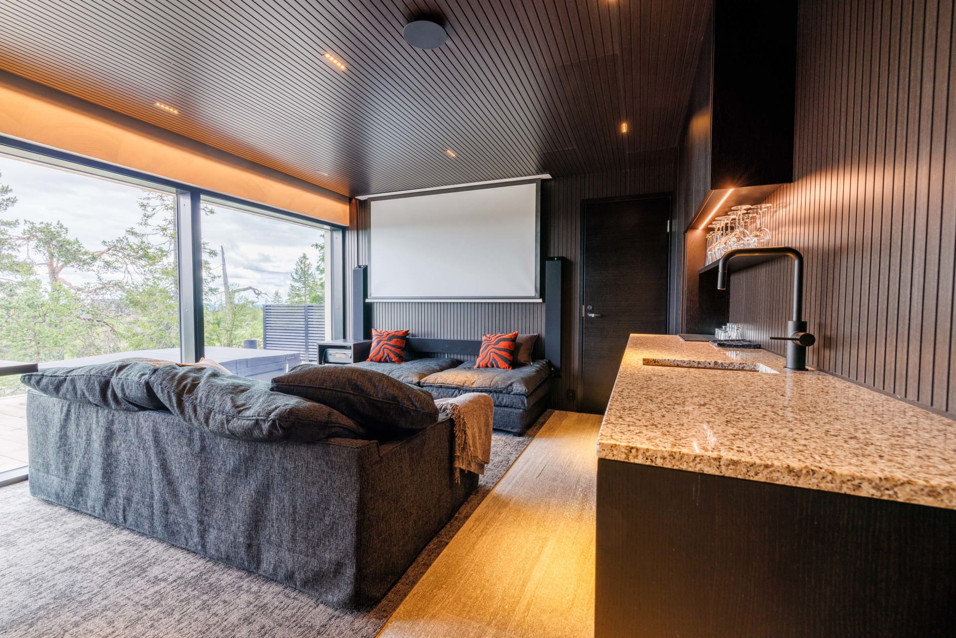 Lounge area with home theater and bar
