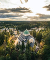 aerial view of the world's largest wooden church in summer