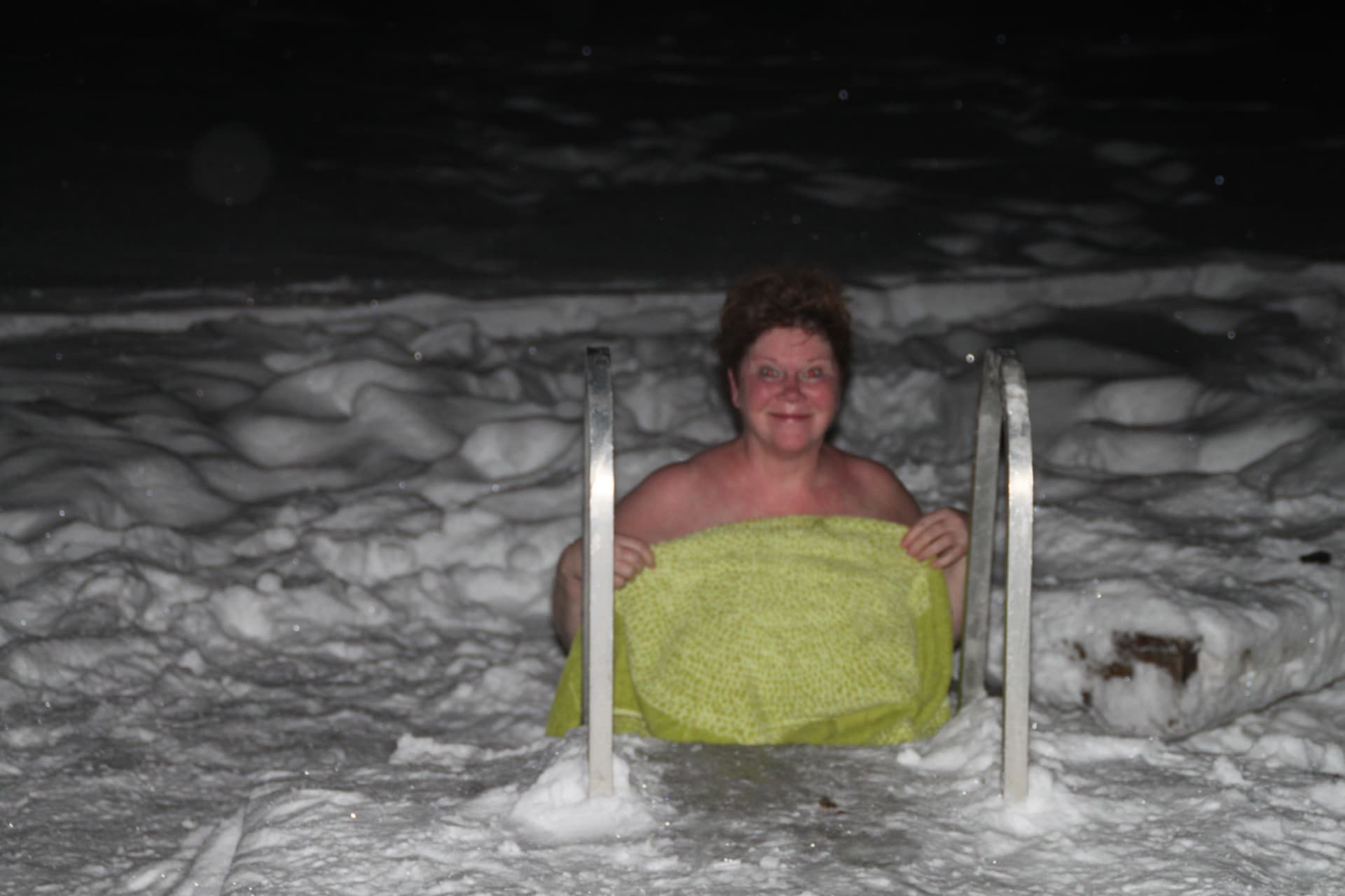 Sauna Mama is brave enough to dip into ice cold water!