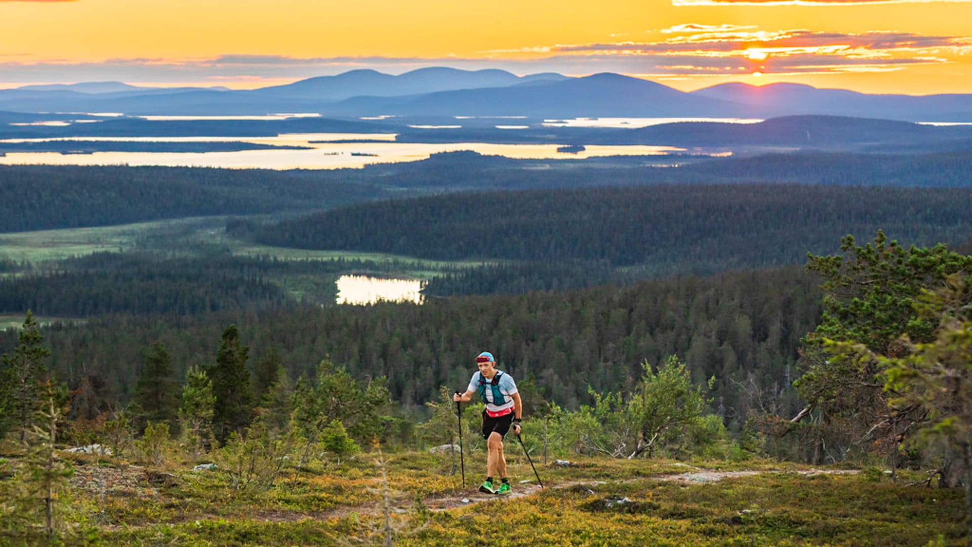 Trail Runners hiking up a hill, round finnish mountains and lakes in background