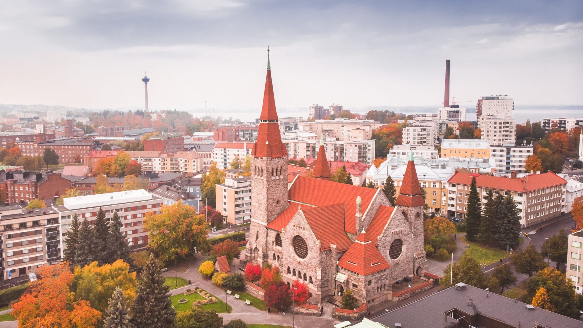 Aerial view of the Tampere Cathedral towering over the city