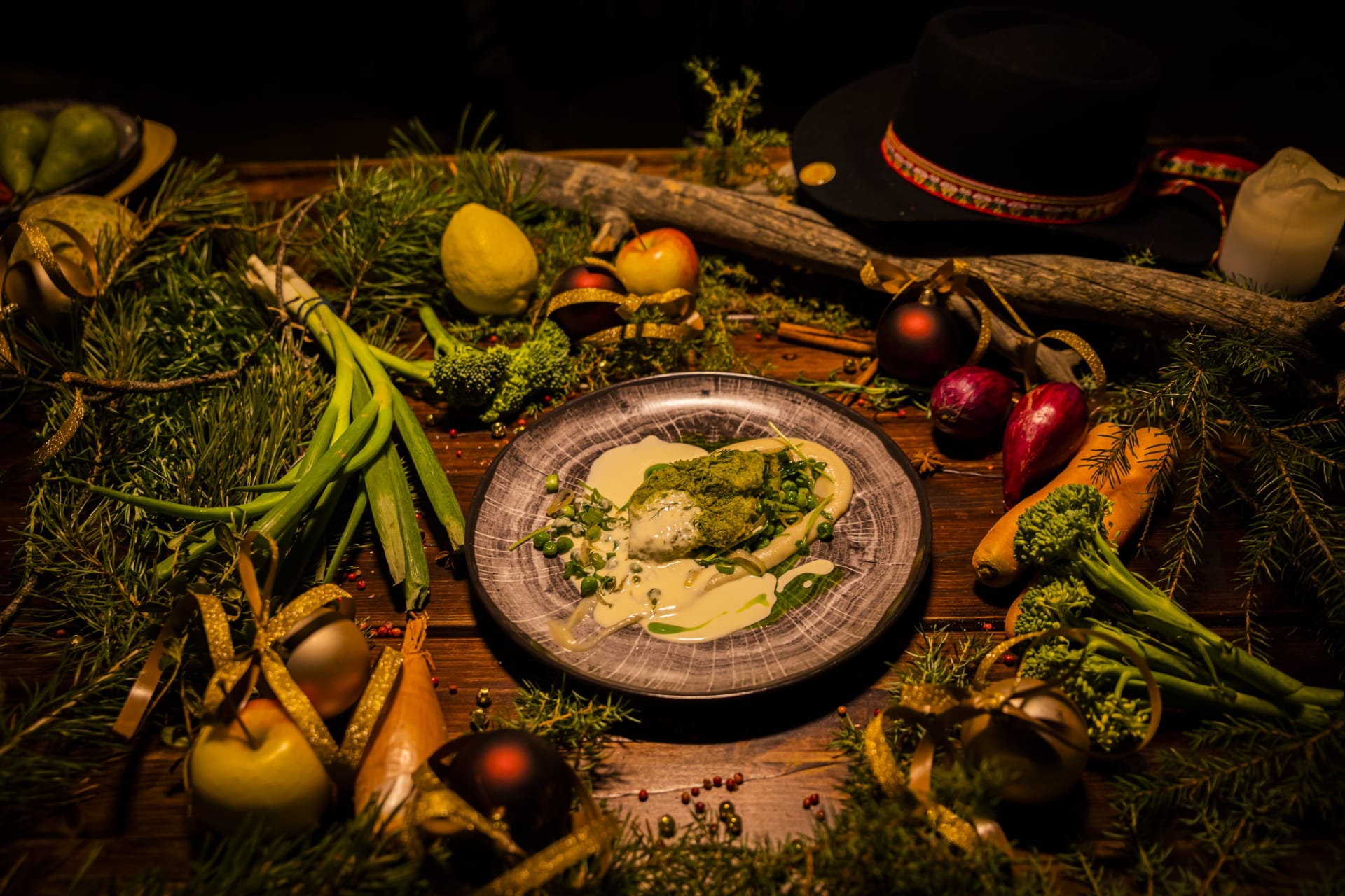 A plate presenting food at Santamus Restaurant.