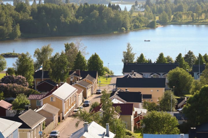 Old town Raahe aerial view the sea and archipelago on the background