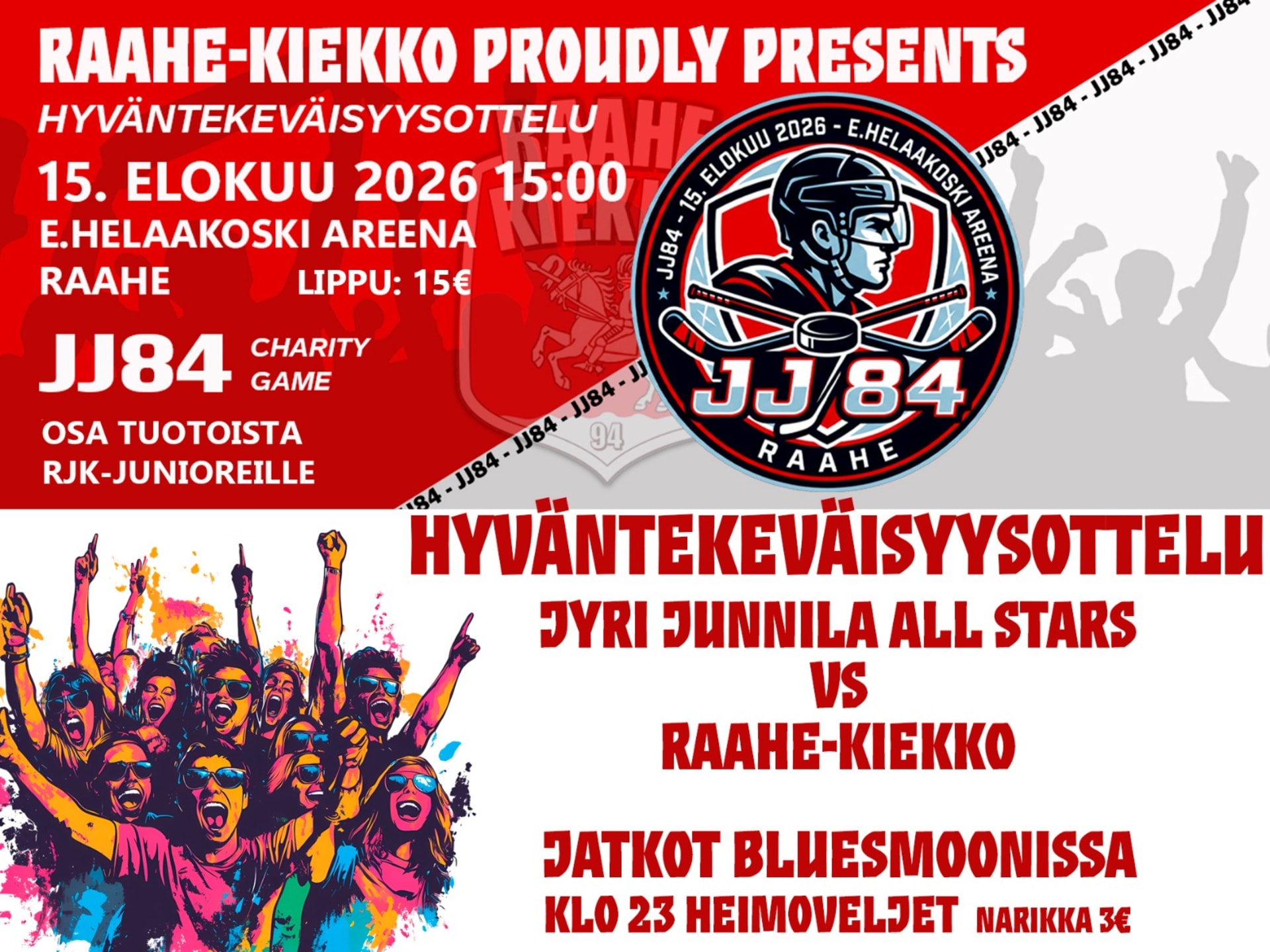 tekoälyllä ihmisjoukko hurraa keikalla, jj84 logo mies kypärä päässä.