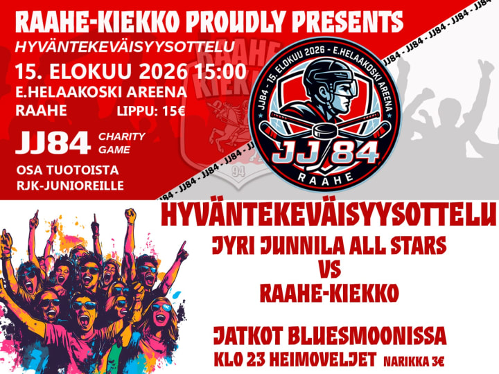 tekoälyllä ihmisjoukko hurraa keikalla, jj84 logo mies kypärä päässä.