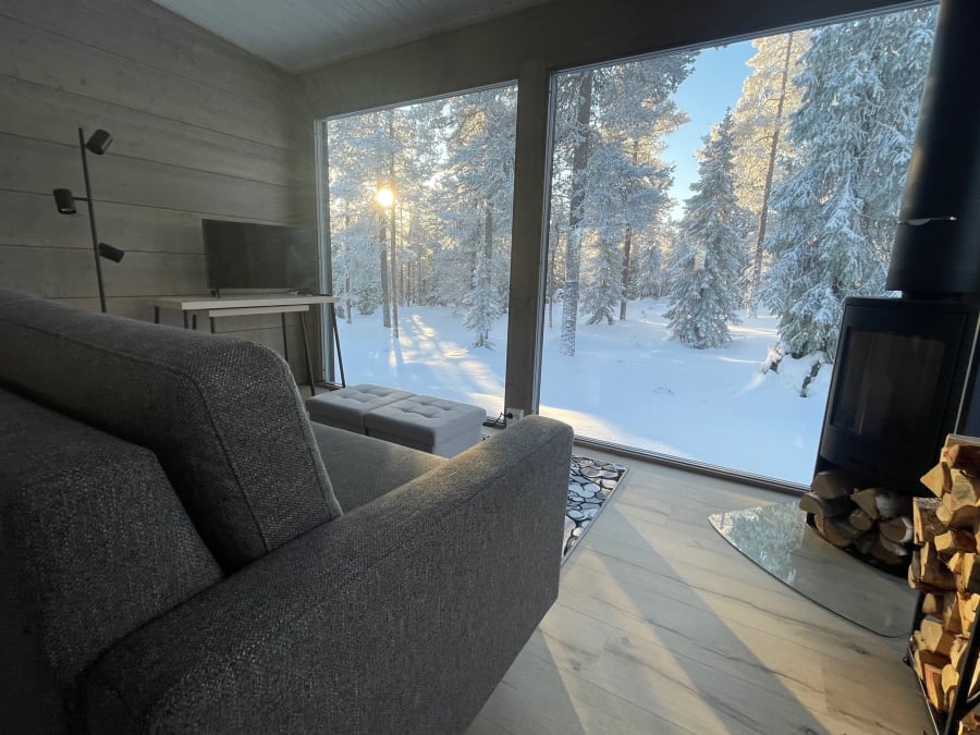 WALD Villas livingroom with big windows and forest views.