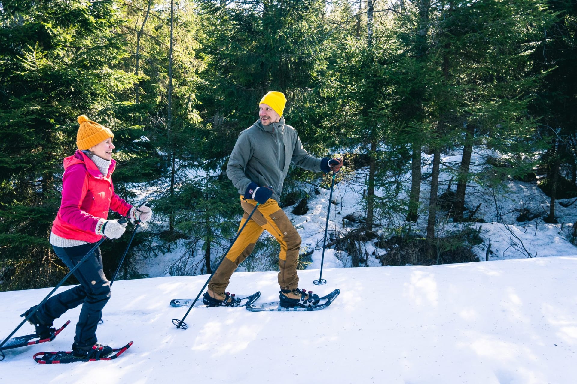 Snowshoeing in frozen nature