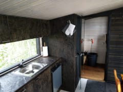 Kitchen area in the sauna caravan