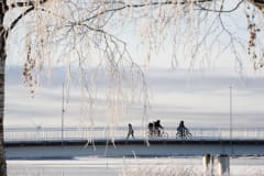 Winter bikers on the bridge.