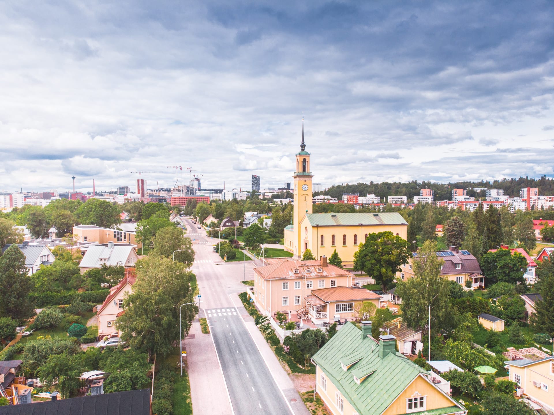 Aerial photo of Viinikka skyline with Viinikka Church bell tower