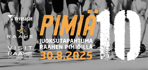 Pimiä 10 juoksutapahtuman mainos. Juoksevia jalkoja.